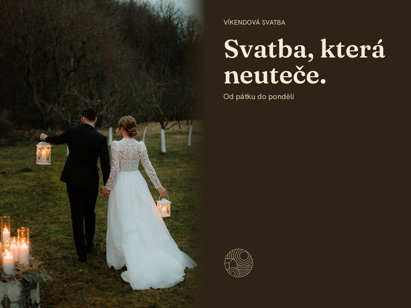 Novomanželé odcházejí za soumraku sadem s lucernami v rukou. Vpravo text Svatba, která neuteče.